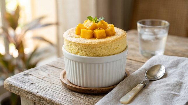 Mango souffle dessert topped with fresh mango pieces on wooden table  