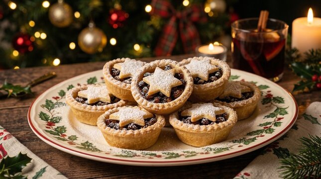 Classic British Christmas mince pies on decorated holiday table  