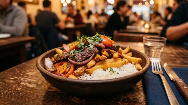 Traditional Peruvian Lomo Saltado served on a wooden table in restaurant  