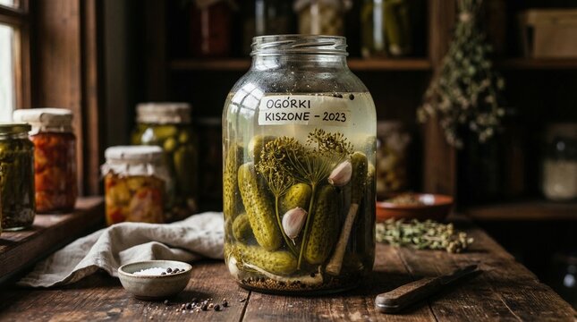 Jar of crunchy fermented dill cucumbers in rustic kitchen setting  