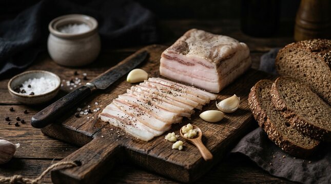 Traditional Ukrainian cured pork fatback served with bread and garlic  