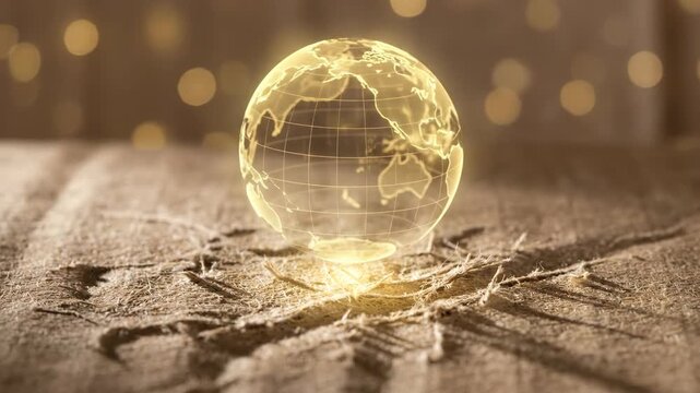 Animated glowing earth globe materializing on textured surface. Transparent world map with golden light effects forming. Digital representation of global unity and planetary concept.