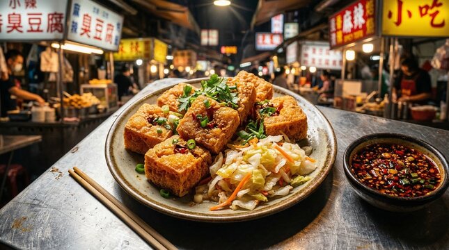 Crispy deep-fried stinky tofu with vegetables and sauce at night market  