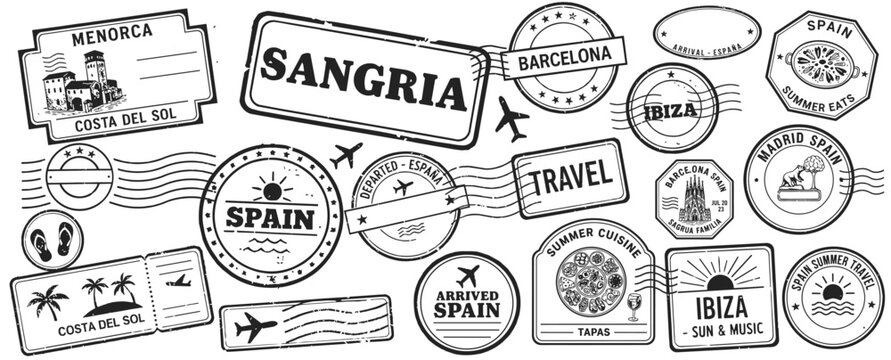 Spain travel passport stamp collection with Spanish destinations landmarks food and tourism icons