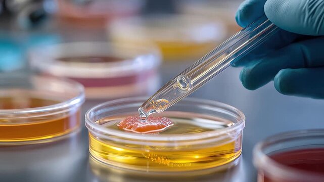 Laboratory technician conducts microscopic bacteriological research using pipette in a controlled lab environment