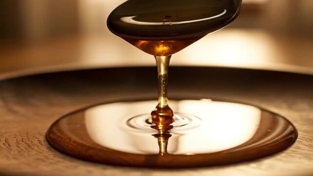 Close-up shot of thick, golden honey being poured from a spoon into a pool of honey, showcasing its rich texture and viscosity