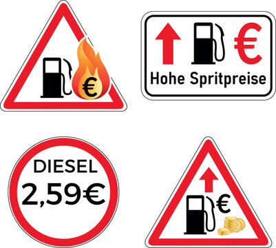 Set von Warnschildern zu hohen Spritpreisen und Inflation mit Zapfs&auml;ule, Euro-Symbol und Flammen &ndash; Vektor