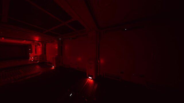 red lit industrial interior with empty corridor, metal beams, grated floor, faint alarm glow, distant vent hum, scattered crates and reflective puddle,