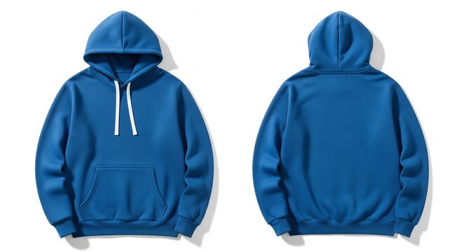 Blue hooded sweatshirt front and back views isolated on white for mockup template; blank casual clothing with drawstring and kangaroo pocket