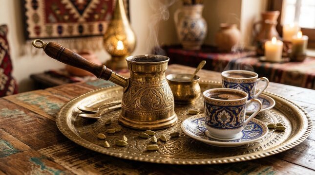 Strong dark coffee served in traditional Lebanese coffee pot and cups  