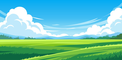 Fototapeta premium Green meadow landscape with blue sky and white cloud