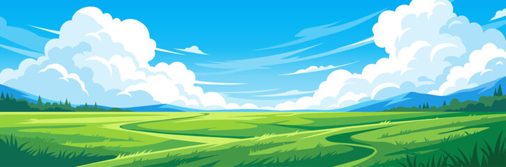 Fototapeta premium Wide panoramic green meadow landscape in flat