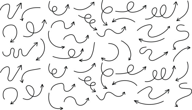 Hand-drawn Arrow Icon Set. Doodles Curved Cartoon Arrow Sketches Collection. Scribble Swirl Arrow Sing. Vector Illustration