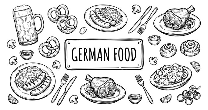 Traditional german food and cuisine with sausage and pretzel sketch