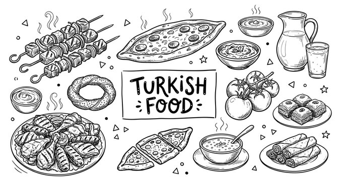 Traditional turkish food and cuisine with kebab pide and mezze sketch