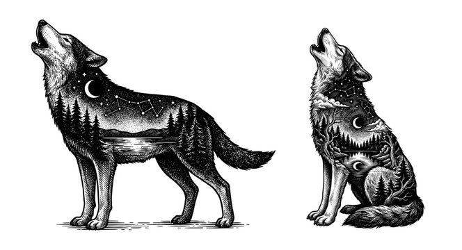 Howling wolf double exposure with forest and night sky