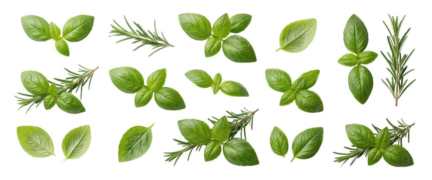 Fresh basil and rosemary leaves flat lay collection