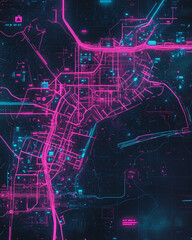 Obraz premium Neon city map of Tokyo in cyberpunk style. Bright lines and dark background create futuristic atmosphere for posters