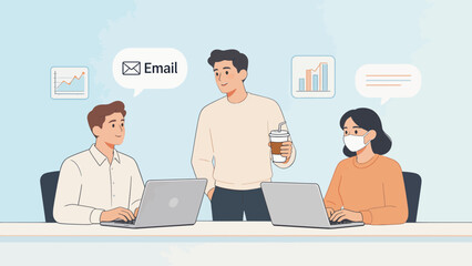 Fototapeta premium Office workers with laptops and coffee