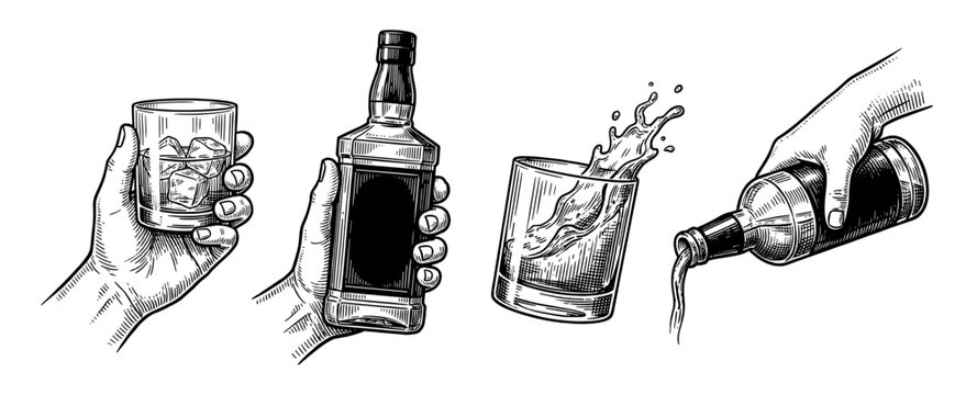 Whiskey bottle and glass set with hand pouring and splash sketch