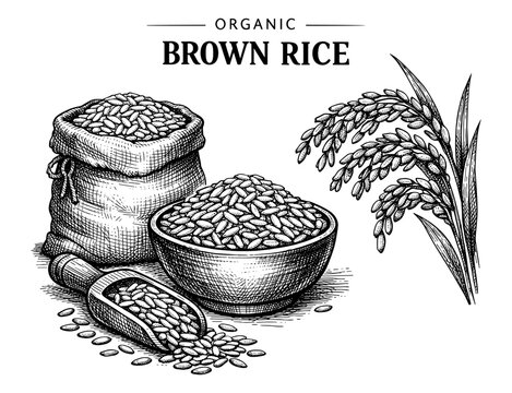 Organic brown rice set with sack bowl and scoop sketch
