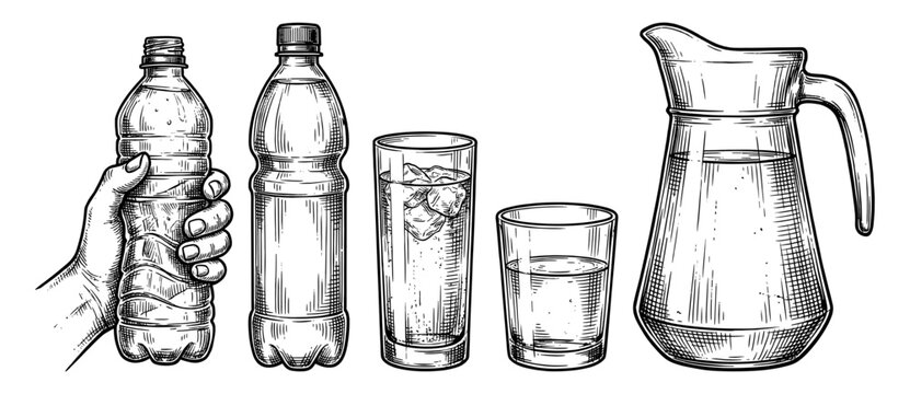 Water bottle and pitcher set with glass and ice sketch