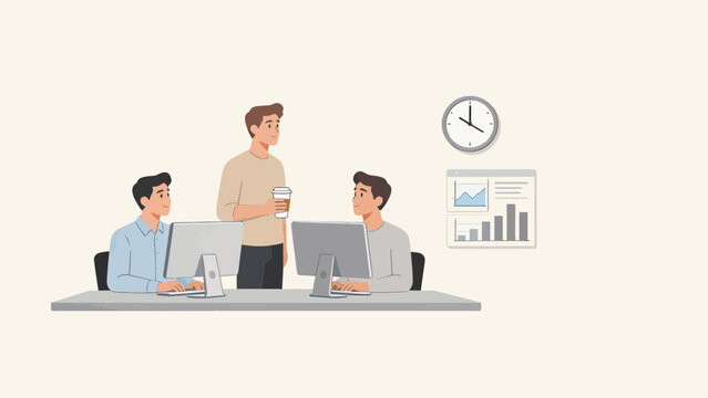 Three men working at computers in an office