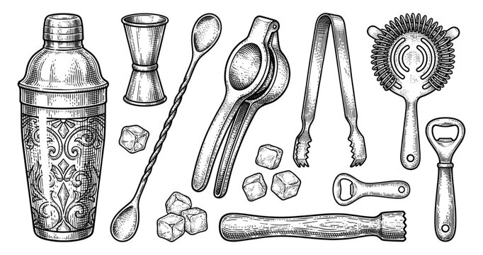 Cocktail bar tool set with shaker jigger and strainer ink sketch