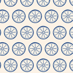 Fototapeta premium Hand drawn lemon slice seamless pattern in playful whimsical style. Citrus fruit vector background perfect for textile, packaging, wrapping paper, kitchen decor and summer surface design.