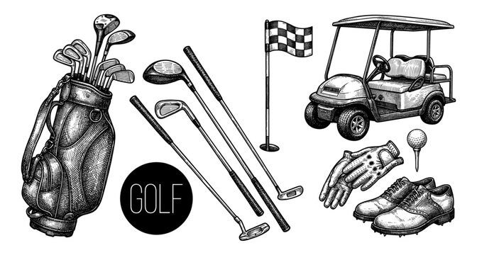 Golf equipment set with bag club and cart hand drawn sketch