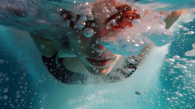 Female swimmer performing underwater exploration in a swimming pool, showcasing technique and determination with goggles on while surrounded by rippling water reflections during daytime