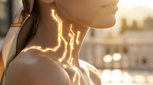 Woman with glowing circuit patterns emerging on neck and shoulder in sunset. Futuristic cyber tattoo animation showing digital augmentation on skin. Technology and sci-fi beauty concept.