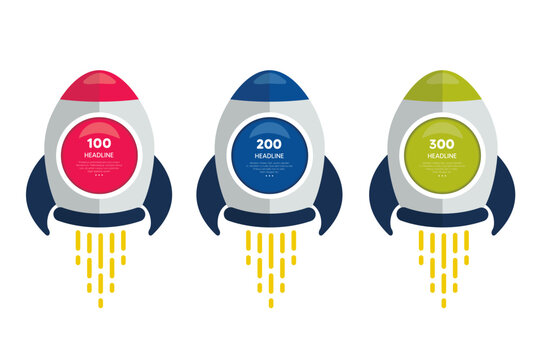 3 Step Infographic Diagram with Rocket, Growth, Progress, Business Strategy Visualization.