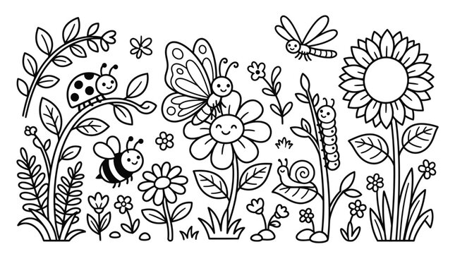 Colorful illustration of garden insects flowers.