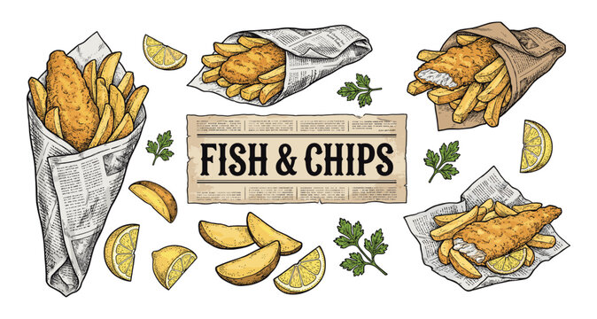 Fish and chips set with lemon and fries vintage hand drawn color sketch