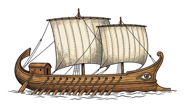 Ancient Greek trireme warship in hand drawn vintage engraving