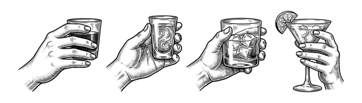 Hand holding alcohol glass set with whiskey and cocktail hand drawn