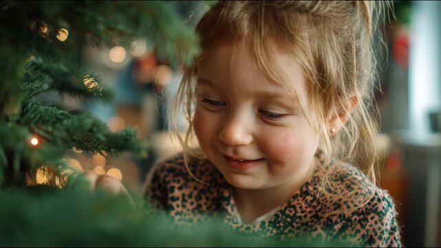 Capturing joyful moments of a curious child exploring a festive Christmas tree, filled with wonder and delight, in an enchanting holiday atmosphere full of warm lights.