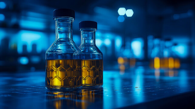 Two glass laboratory bottles containing golden yellow liquid sit on reflective blue surface in dark, high-tech research environment, chemistry, innovation