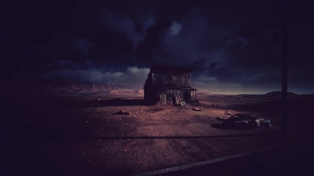 lonely shack on desolate road under storm clouds, wrecked car beside telephone pole, gritty dust and gravel foreground, dramatic low lighting creating ominous
