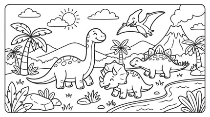 Dinosaur Trio in Prehistoric Landscape Scene. © Suro