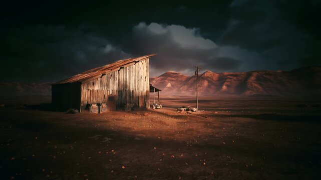 Postapocalyptic desert shelter at dusk, corrugated metal glowing in ember light silhouette of makeshift camp and scattered scrap, windscoured dirt, looming