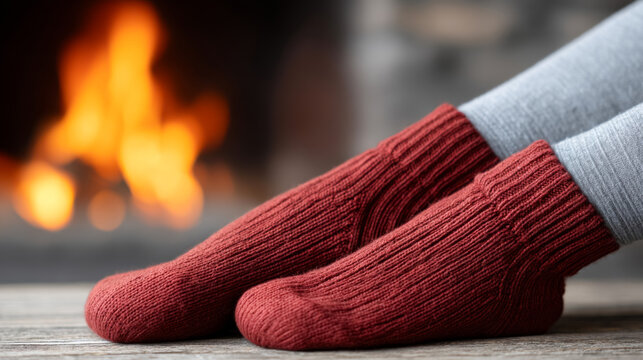 Cozy relaxation by the fireplace with wool socks for winter comfort