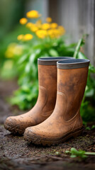Naklejka premium Muddy rain boots in garden setting with yellow flowers