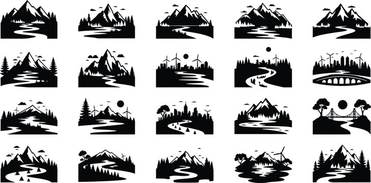 Collection of silhouette mountain landscape icons isolated on transparent background