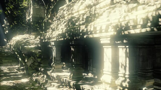twilight overgrown stone temple bathed in cool dusk light, creeping vines and weathered carvings, deep shadowed passage, mossy columns and alcove, explorer