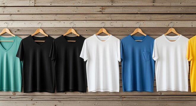 Colorful t-shirts hanging on wooden wall in a row classic casual style blank apparel for creative design clothing concept on hanger