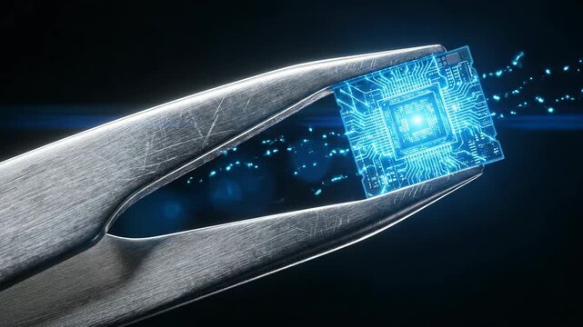 Tweezers grasping glowing blue microchip. Dynamic activation of electronic component with energy sparks. Futuristic nanotechnology assembly and circuit integration concept.
