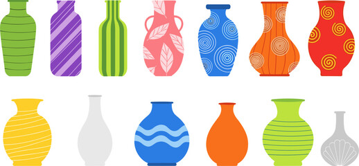 Fototapeta premium Decorative Vase Collection with Colorful Ceramic Pottery Designs for Home Interior Decoration Floral Arrangement and Modern Artistic Craft Illustration Set