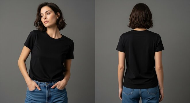 Confident young woman in black t-shirt modeling a casual fashion style against a neutral gray background in front and back view